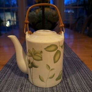 Teapot by WCL Ceramic with Bamboo Handle/ White with Green Leaves
